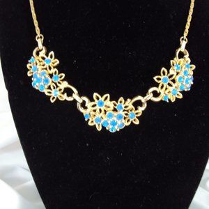 VINTAGE Necklace Gold Flowers w/ Blue Crystals